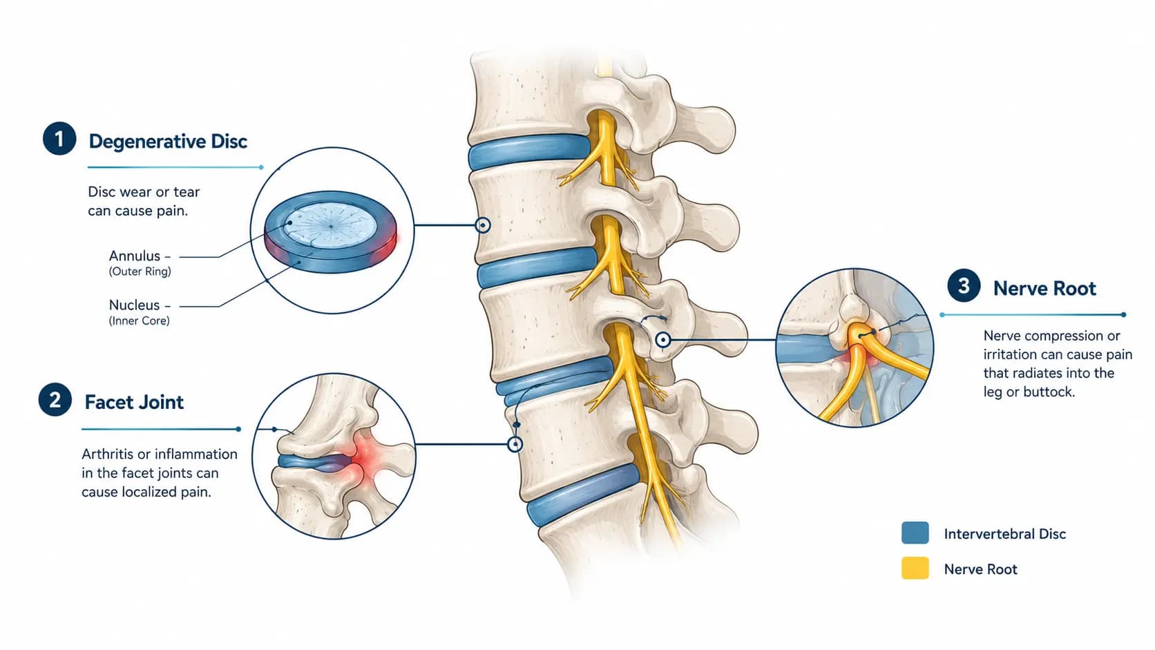 Diagram of lumbar facet joints and medial branch nerve anatomy
